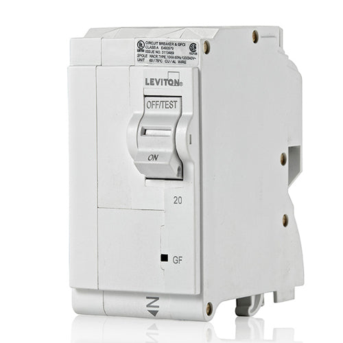 Leviton LB220-GF, 20A 2-Pole GFCI Branch Circuit Breaker with Hydraulic Magnetic Trip Technology and Plug-On Installation, 120/240 VAC, 10kA Short-Circuit Rating