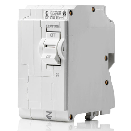Leviton LB225, 25A 2-Pole Standard Branch Circuit Breaker with Hydraulic Magnetic Trip Technology and Plug-On Installation, 120/208 and 120/240 VAC, 10kA Short-Circuit Rating
