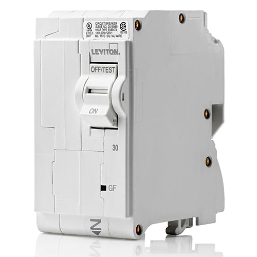 Leviton LB230-G, 30A 2-Pole GFCI Branch Circuit Breaker with Hydraulic Magnetic Trip Technology and Plug-On Installation, 120/208 and 120/240 VAC, 10kA Short-Circuit Rating