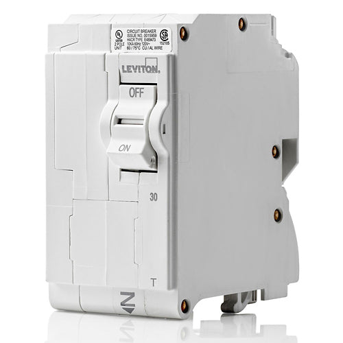 Leviton LB230-T, 30A 2-Pole Standard Branch Circuit Breaker with Thermal Magnetic Trip Technology and Plug-On Installation, 120/208 and 120/240 VAC, 10kA Short-Circuit Rating