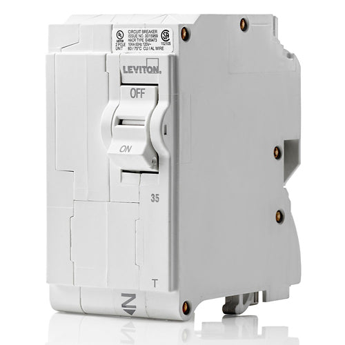 Leviton LB235-T, 35A 2-Pole Standard Branch Circuit Breaker with Thermal Magnetic Trip Technology and Plug-On Installation, 120/208 and 120/240 VAC, 10kA Short-Circuit Rating