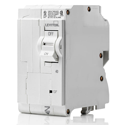 Leviton LB240-EP, 40A 2-Pole GFPE Branch Circuit Breaker with Hydraulic Magnetic Trip Technology and Plug-On Installation, 120/240V, 10kA Short-Circuit Rating