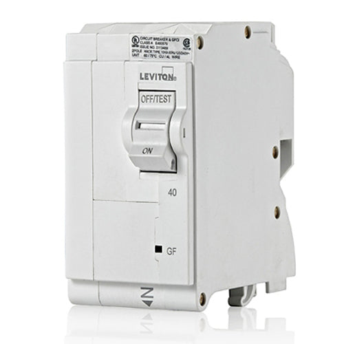 Leviton LB240-G, 40A 2-Pole GFCI Branch Circuit Breaker with Hydraulic Magnetic Trip Technology and Plug-On Installation, 120/208 and 120/240 VAC, 10kA Short-Circuit Rating
