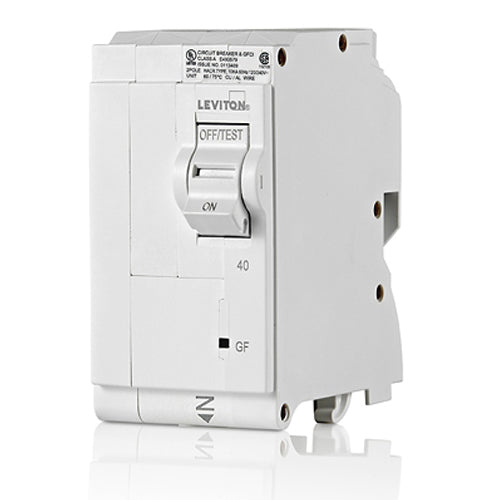 Leviton LB240-GF, 40A 2-Pole GFCI Branch Circuit Breaker with Hydraulic Magnetic Trip Technology and Plug-On Installation, 120/240 VAC, 10kA Short-Circuit Rating