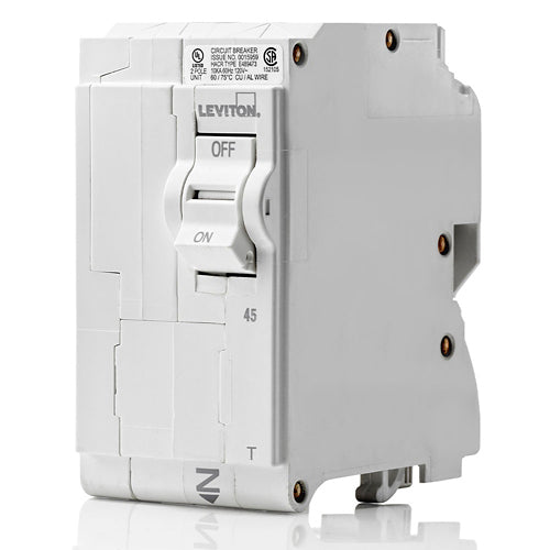 Leviton LB245-T, 45A 2-Pole Standard Branch Circuit Breaker with Thermal Magnetic Trip Technology and Plug-On Installation, 120/208 and 120/240 VAC, 10kA Short-Circuit Rating