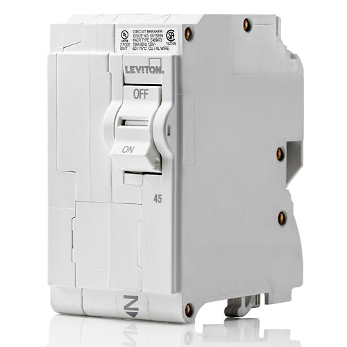 Leviton LB245, 45A 2-Pole Standard Branch Circuit Breaker with Hydraulic Magnetic Trip Technology and Plug-On Installation, 120/208 and 120/240 VAC, 10kA Short-Circuit Rating