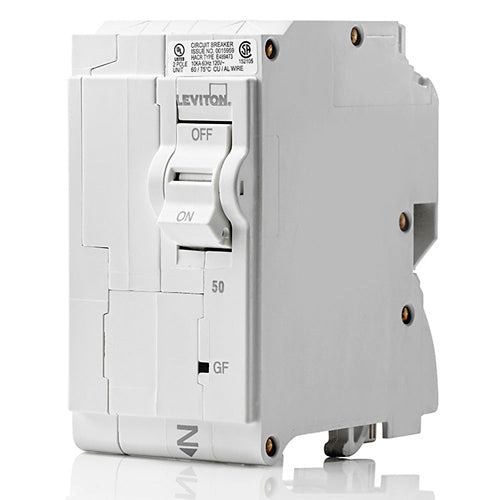 Leviton LB250-EP, 50A 2-Pole GFPE Branch Circuit Breaker with Hydraulic Magnetic Trip Technology and Plug-On Installation, 120/240V, 10kA Short-Circuit Rating