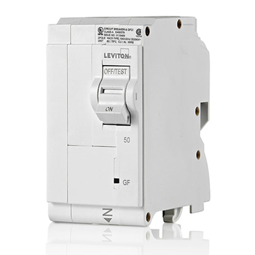Leviton LB250-G, 50A 2-Pole GFCI Branch Circuit Breaker with Hydraulic Magnetic Trip Technology and Plug-On Installation, 120/208 and 120/240 VAC, 10kA Short-Circuit Rating