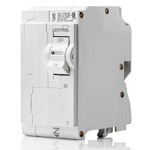 Leviton LB250-T, 50A 2-Pole Standard Branch Circuit Breaker with Thermal Magnetic Trip Technology and Plug-On Installation, 120/208 and 120/240 VAC, 10kA Short-Circuit Rating