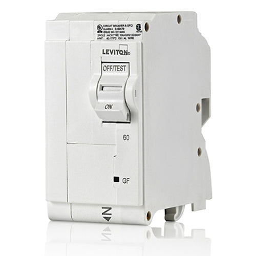 Leviton LB260-G, 60A 2-Pole GFCI Branch Circuit Breaker with Hydraulic Magnetic Trip Technology and Plug-On Installation, 120/208 and 120/240 VAC, 10kA Short-Circuit Rating