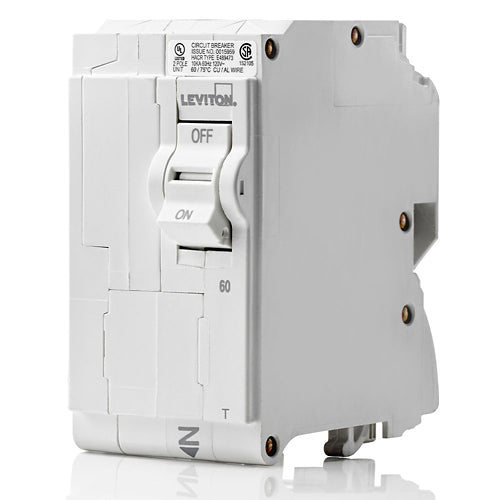 Leviton LB260-T, 60A 2-Pole Standard Branch Circuit Breaker with Thermal Magnetic Trip Technology and Plug-On Installation, 120/208 and 120/240 VAC, 10kA Short-Circuit Rating