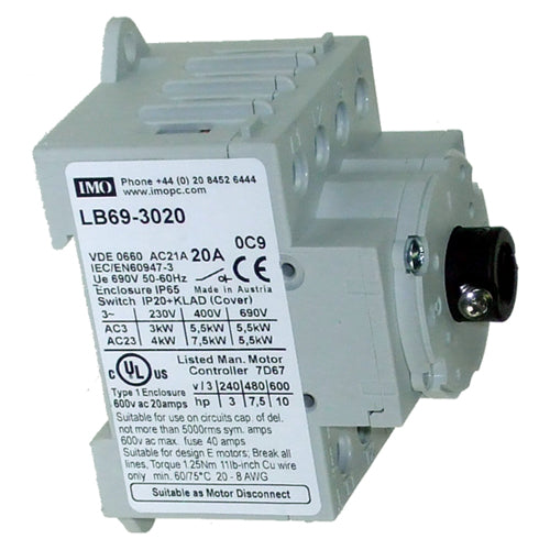 IMO LB69-3020, Base Mount Door Interlock 69 Series AC Disconnect, IP66, 3 Pole, 20A, Enclosed/Interlocked Handle