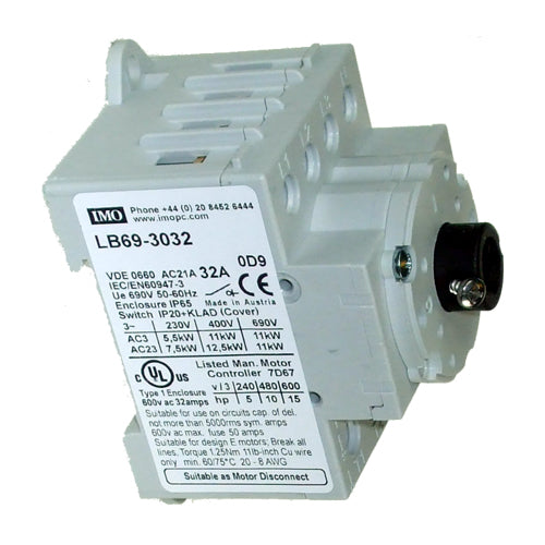 IMO LB69-3032, Base Mount Door Interlock 69 Series AC Disconnect, IP66, 3 Pole, 32A, Enclosed/Interlocked Handle