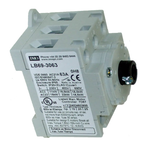 IMO LB69-3063, Base Mount Door Interlock 69 Series AC Disconnect, IP66, 3 Pole, 63A, Enclosed/Interlocked Handle