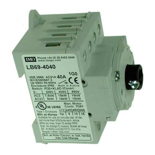IMO LB69-4020, Base Mount Door Interlock 69 Series AC Disconnect, IP66, 4 Pole, 20A, Enclosed/Interlocked Handle