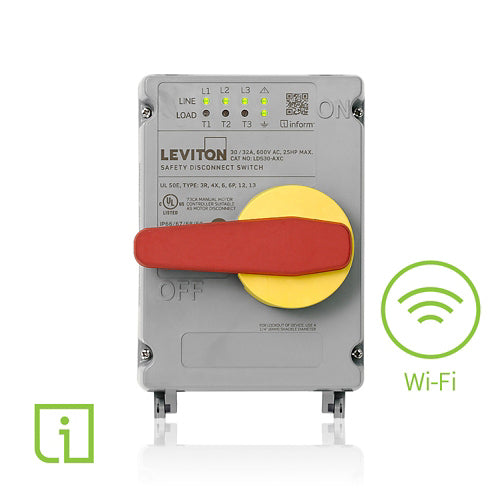 Leviton LDS30-ACC, Non-Fused Non-Metallic Safety Disconnect Switch with Local and Remote Monitoring via Wi-Fi Inform Technology, 30/32 Amp, 600 VAC, IP66/IP67/IP68/IP69K Rated, NSF Certified, Includes Factory Installed Auxiliary Contact (AUXNO)