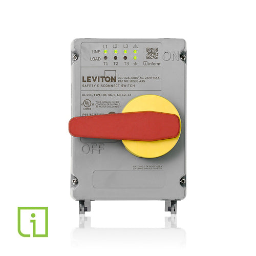 Leviton LDS30-ACS, Non-Fused Non-Metallic Safety Disconnect Switch with Local Monitoring Inform Technology, 30/32 Amp, 600 VAC, NEMA Type 3R, 4X, 6, 6P, 12, 13 Watertight Enclosure, NSF Certified, Includes Factory Installed Auxiliary Contact (AUXNO)