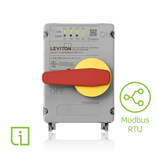 Leviton LDS30-AMB, Non-Fused Non-Metallic Safety Disconnect Switch with Local and Remote Monitoring via Modbus RTU Inform Technology, 30/32 Amp, 600 VAC, IP66/IP67/IP68/IP69K Rated, NSF Certified, Includes Factory Installed Auxiliary Contact (AUXNO)