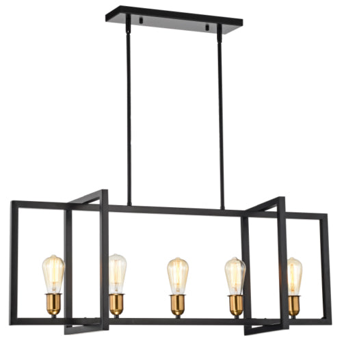 Litup LIT2406BK-GD, 5-Light 40'' Pendant, 60W, Medium E26 Base, Black Finish with Gold Socket Rings