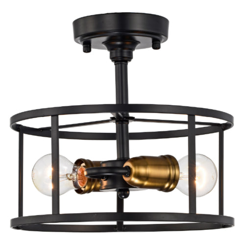 Litup LIT2441BK-GD, 2-Light 11'' Semi Flush Mount, 60W, Medium E26 Base, Black Finish with Gold Socket Rings