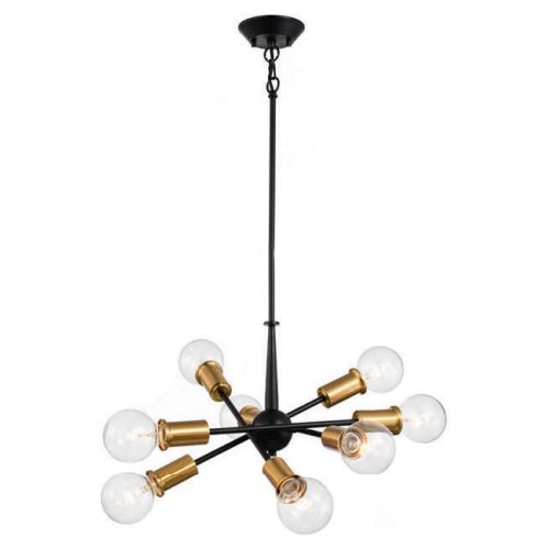 Litup LIT2532BK-GD, 8-Light Pendant with Chain Link and Loop, 60W, Medium E26 Base, Black Finish with Gold Socket Rings, For the Sloped Ceiling