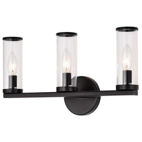 Litup LIT3023BK-CL, 3-Light Vanity, 60W, Candelabara E12 Base, Black Finish with Clear Glass, Can Be Mounted Up or Down