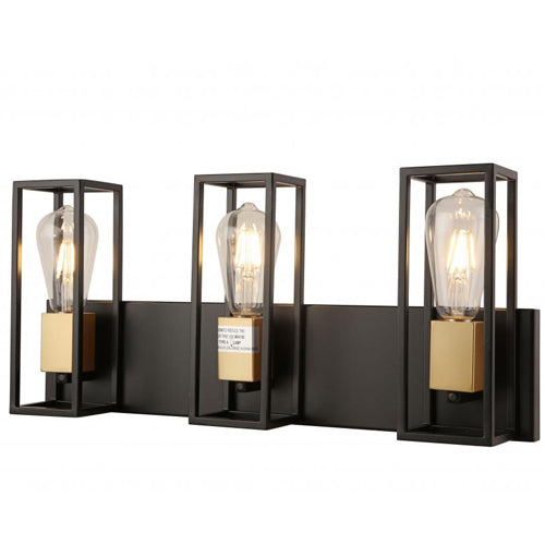 Litup LIT3123BK-GD, 3-Light Vanity, 60W, Medium E26 Base, Black Finish with Gold Sockets, Can Be Mounted Up or Down