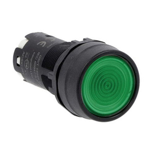 Lovato LMPBL103S10M, Monoblock Illuminated Pushbutton Actuator, Spring Return, Flush, Green, 220VAC, 1NO Spring Terminals