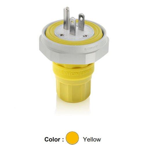 Leviton LNR80-1Y, Rhino-Hide Straight Blade Plug, Industrial Grade, 15A 125V, NEMA 5-15P, 2-Pole, 3-Wire, Grounding, Yellow