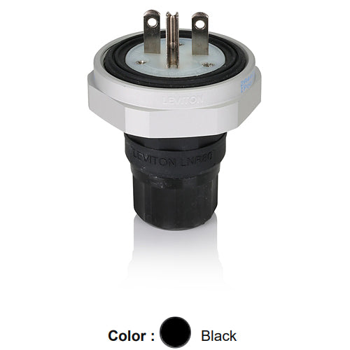 Leviton LNR80-2E, Rhino-Hide Straight Blade Plug, Industrial Grade, 15A 250V, NEMA 6-15P, 2-Pole, 3-Wire, Grounding, Black