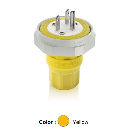 Leviton LNR80-2Y, Rhino-Hide Straight Blade Plug, Industrial Grade, 15A 250V, NEMA 6-15P, 2-Pole, 3-Wire, Grounding, Yellow