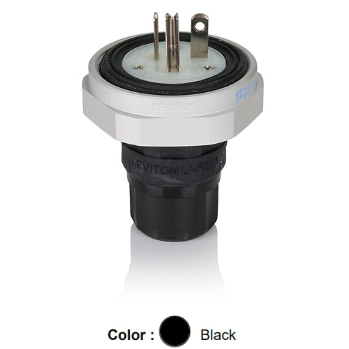 Leviton LNR80-3E, Rhino-Hide Straight Blade Plug, Industrial Grade, 20A 125V, NEMA 5-20P, 2-Pole, 3-Wire, Grounding, Black