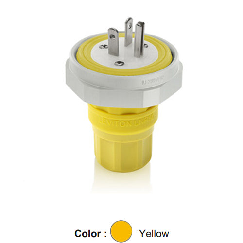 Leviton LNR80-3Y, Rhino-Hide Straight Blade Plug, Industrial Grade, 20A 125V, NEMA 5-20P, 2-Pole, 3-Wire, Grounding, Yellow