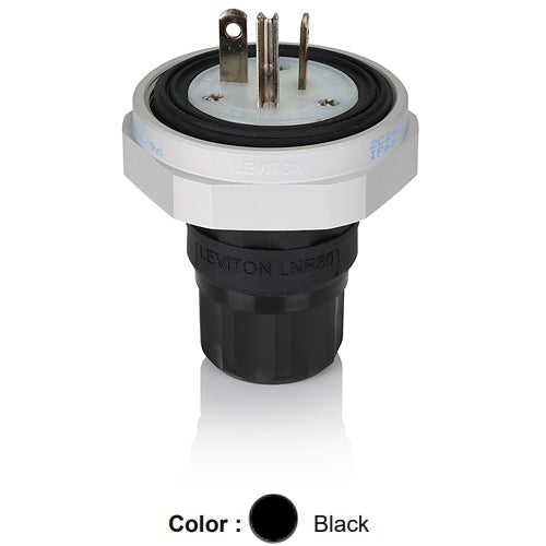 Leviton LNR80-4E, Rhino-Hide Straight Blade Plug, Industrial Grade, 20A 250V, NEMA 6-20P, 2-Pole, 3-Wire, Grounding, Black