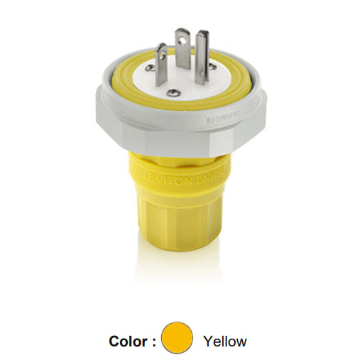 Leviton LNR80-4Y, Rhino-Hide Straight Blade Plug, Industrial Grade, 20A 250V, NEMA 6-20P, 2-Pole, 3-Wire, Grounding, Yellow