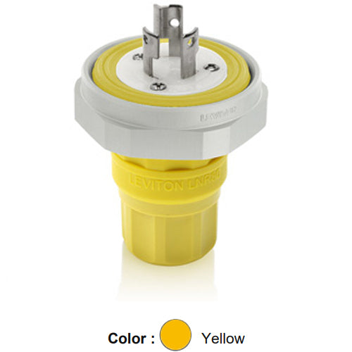 Leviton LNR80-6Y, Rhino-Hide Locking Plug, Industrial Grade, 15A 250V, NEMA L6-15P, 2-Pole, 3-Wire, Grounding, Yellow