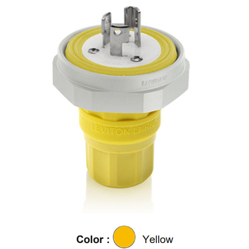 Leviton LNR80-7Y, Rhino-Hide Locking Plug, Industrial Grade, 15A 277V, NEMA L7-15P, 2-Pole, 3-Wire, Grounding, Yellow