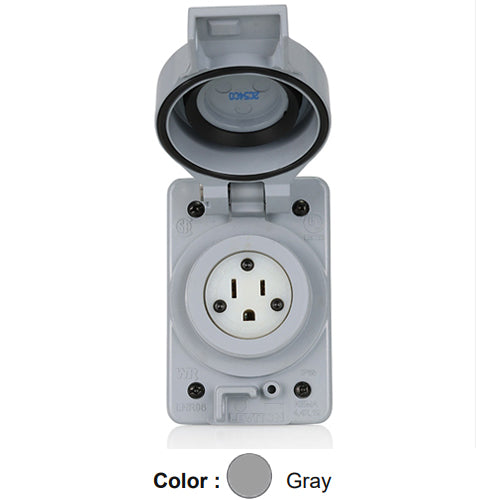 Leviton LNR96-1, Rhino-Hide Straight Blade Receptacle, Industrial Grade, 15A 125V, NEMA 5-15R, 2-Pole, 3-Wire, Grounding, Gray