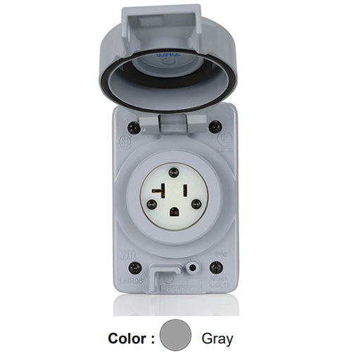 Leviton LNR96-3, Rhino-Hide Straight Blade Receptacle, Industrial Grade, 20A 125V, NEMA 5-20R, 2-Pole, 3-Wire, Grounding, Gray