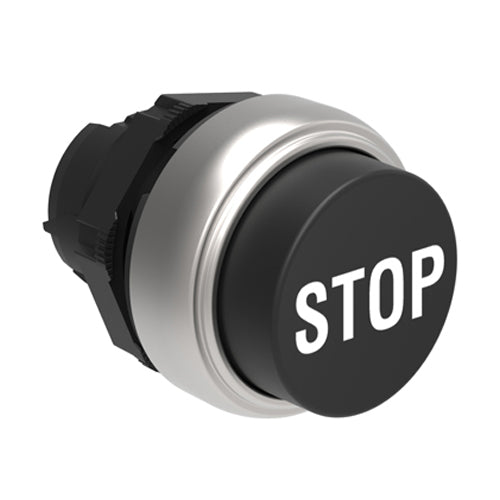 Lovato LPCB2132, Pushbutton Actuator, Spring Return with "STOP" Symbol, Ø22mm Platinum Series Chromed Plastic, Extended, Black