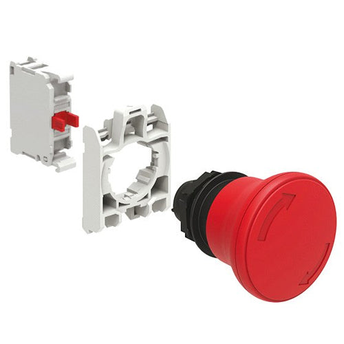Lovato LPCB6344K01, Mushroom Head Pushbutton Actuator In Kit, Latch, Turn to Release, Ø40mm, For Normal Stopping, Red with Mounting Adapter and 1 Contact Element, NC, Screw Termination