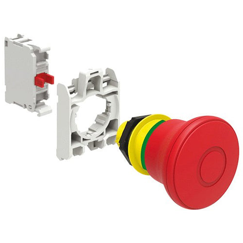 Lovato LPCB6744K01, Mushroom Head Pushbutton Actuator In Kit, Latch, Pull to Release, Ø40mm, For Emergency Stopping, ISO 13850 Compliant, Red with Mounting Adapter and 1 Contact Element, NC, Screw Termination