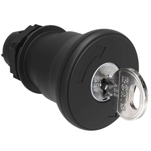 Lovato LPCB6842, Mushroom Head Pushbutton Actuator, Ø22mm Platinum Series Chromed Plastic, Latch, Turn Key to Release, Ø40mm Head Diameter, For Normal Stopping, Black