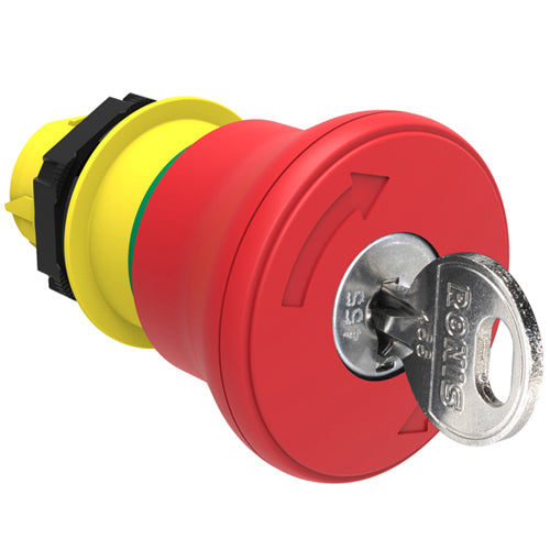 Lovato LPCB6844, Mushroom Head Pushbutton Actuator, Ø22mm Platinum Series Chromed Plastic, Latch, Turn Key to Release, Ø40mm Head Diameter, For Emergency Stopping, ISO 13850 Compliant, Red