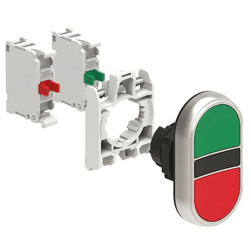 Lovato LPCB7113K11, Double-Touch Actuator in Kit, Spring Return, Two Flush Pushbuttons, Green/Red, With Mounting Adapter and Two Contact Elements, 1NO+1NC, Screw Termination