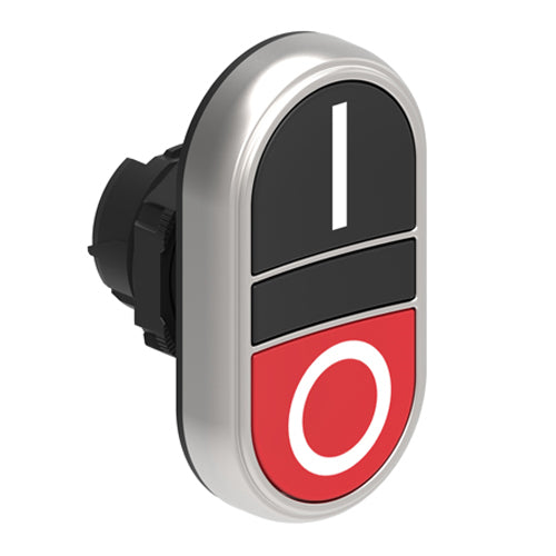 Lovato LPCB7122, Double-Touch Actuator with "I-O" Symbol, Ø22mm Platinum Series Chromed Plastic, Two Flush Pushbuttons, Both Spring Return, Black/Red