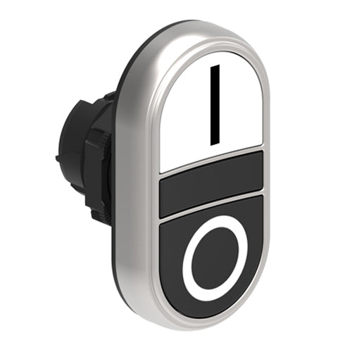Lovato LPCB7124, Double-Touch Actuator with "I-O" Symbol, Ø22mm Platinum Series Chromed Plastic, Two Flush Pushbuttons, Both Spring Return, White/Black
