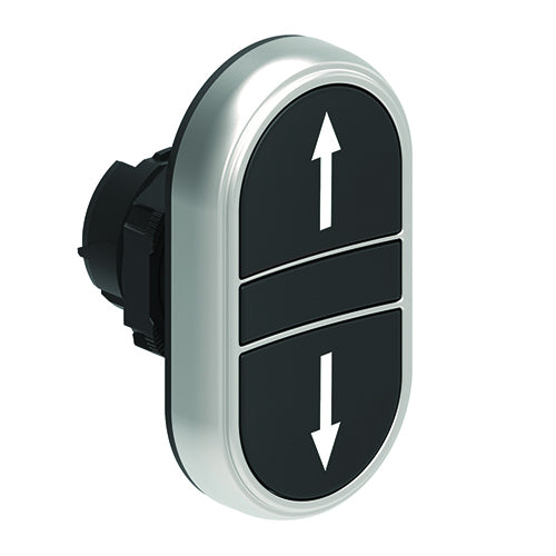 Lovato LPCB7191, Double-Touch Actuator with Up-Down Arrow Symbol, Ø22mm Platinum Series Chromed Plastic, Two Flush Pushbuttons, Both Spring Return, Black/Black