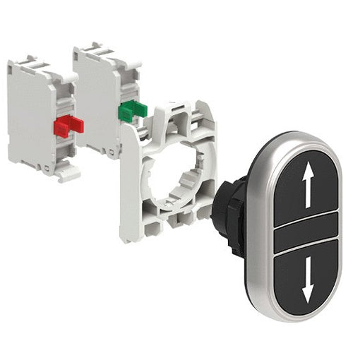 Lovato LPCB7191K20, Double-Touch Actuator in Kit, Spring Return, Two Flush Pushbuttons with Up Arrow/Down Arrow Symbol, Black/Black, With Mounting Adapter and Two Contact Elements, 2NO, Screw Termination