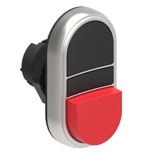 Lovato LPCB7212, Double-Touch Actuator, Ø22mm Platinum Series Chromed Plastic, One Extended and One Flush Pushbuttons, Both Spring Return, Black/Red